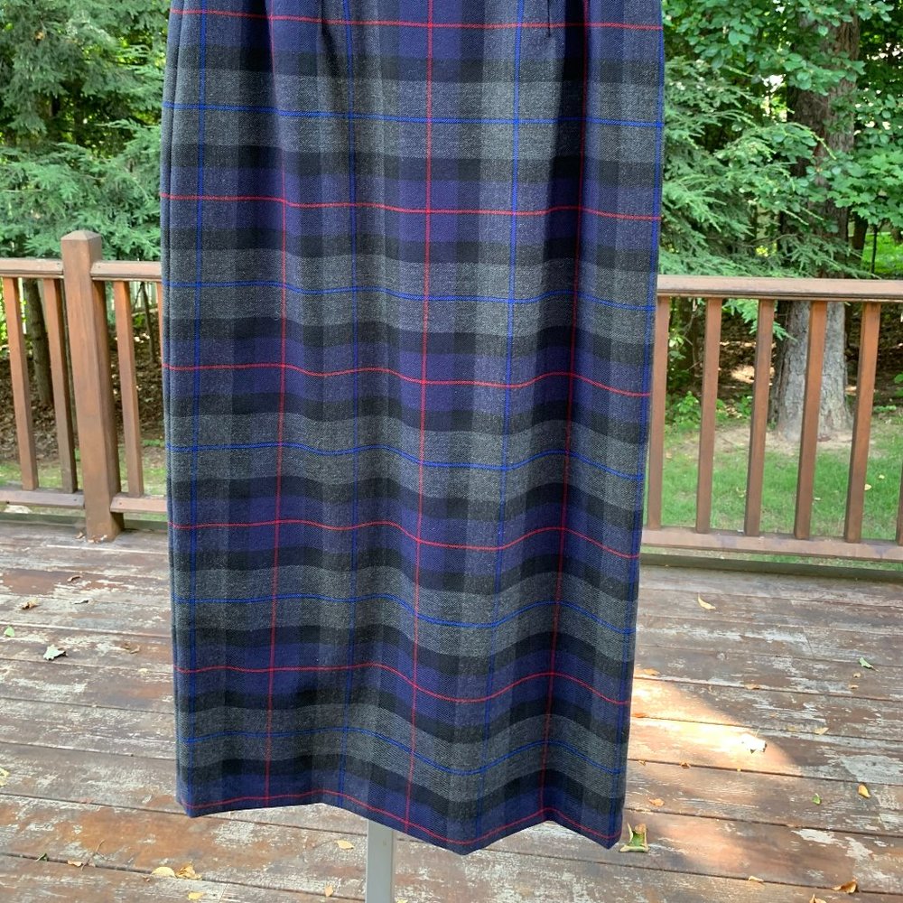100% Wool Navy Gray Plaid A-Line Skirt by Talbots